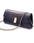 Leather clutch bag, navy croc, long chain strap