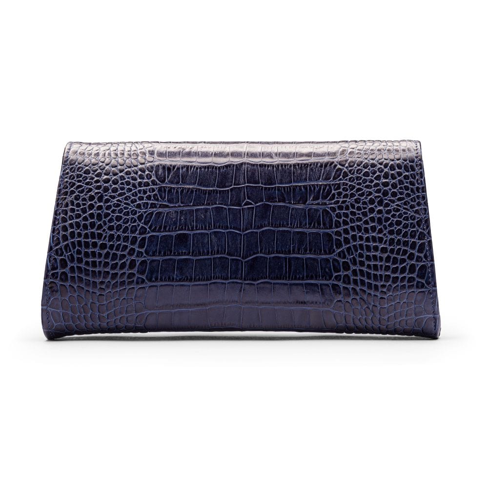 Leather clutch bag, navy croc, back view