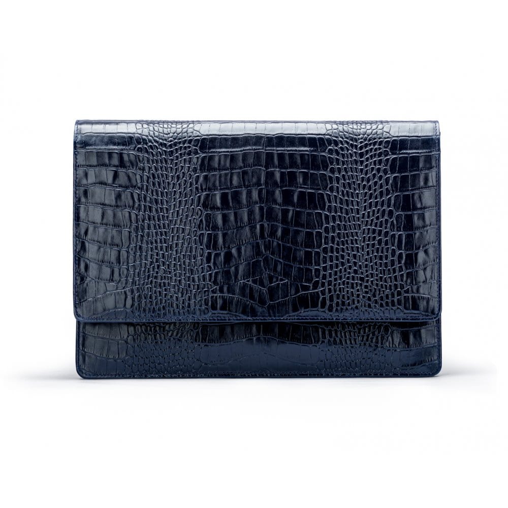 Small leather A4 portfolio case, navy croc, front