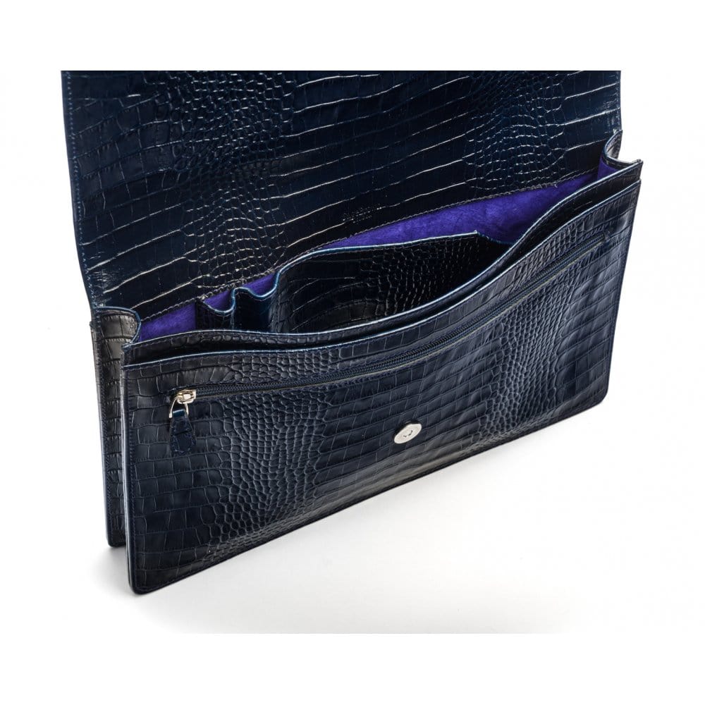 Small leather A4 portfolio case, navy croc, inside
