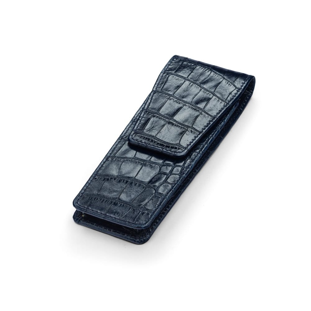 Leather pen case, navy croc, side