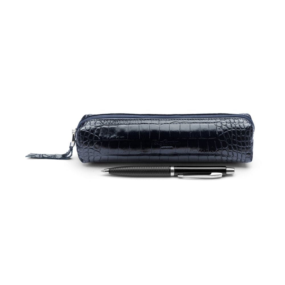 Leather pencil case, navy croc, front