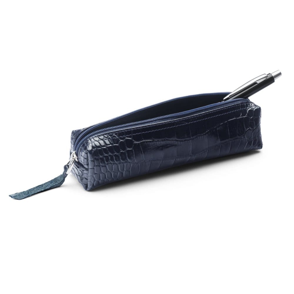 Leather pencil case, navy croc, open