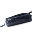 Leather pencil case, navy croc, open