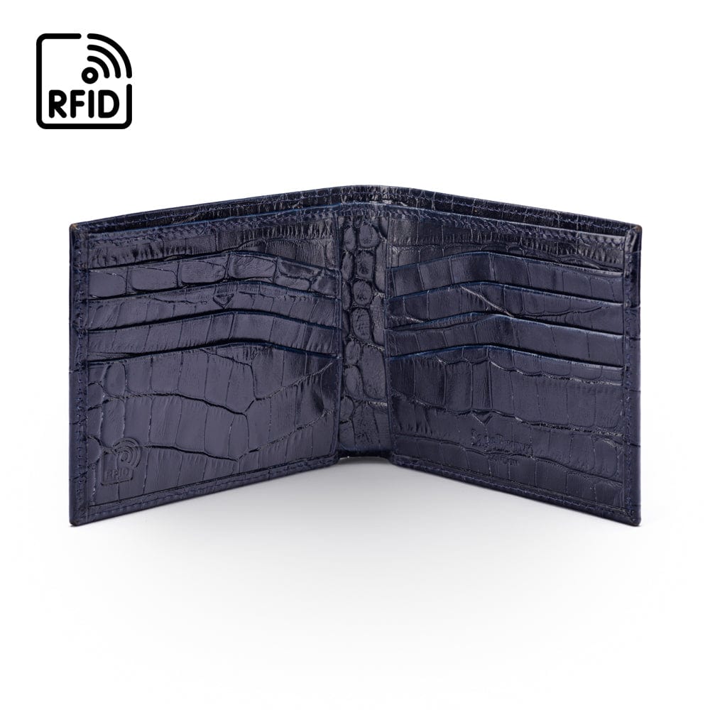 RFID leather wallet for men, navy croc, open view