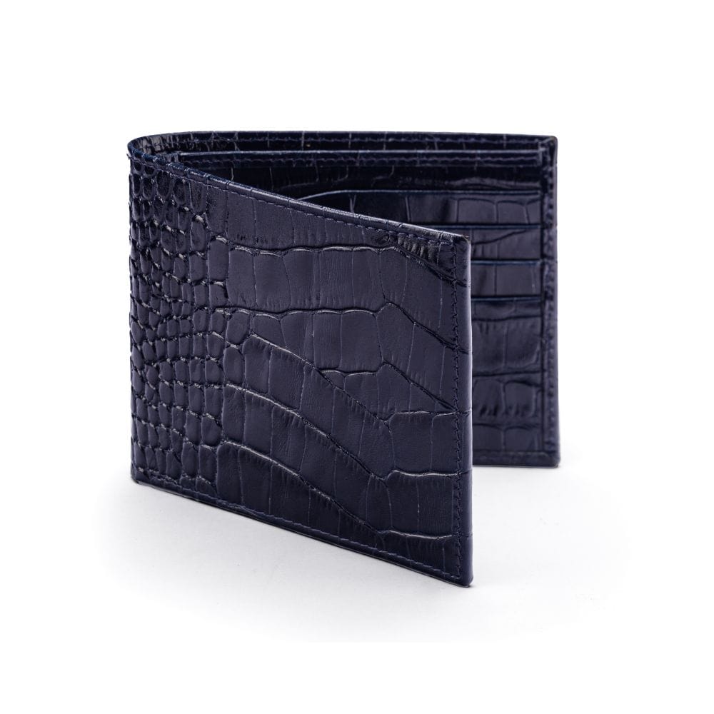 RFID leather wallet for men, navy croc, front view