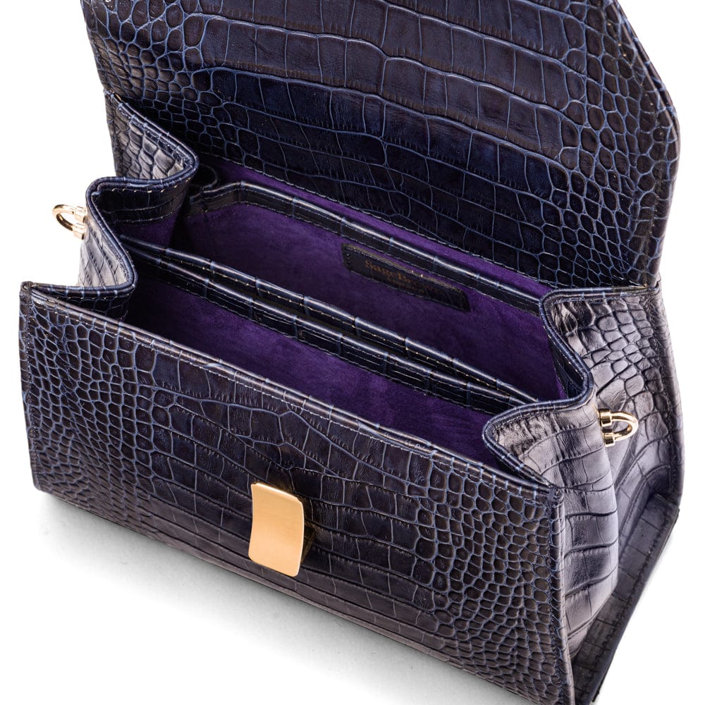 Sabrina top handle bag, navy croc leather, inside view