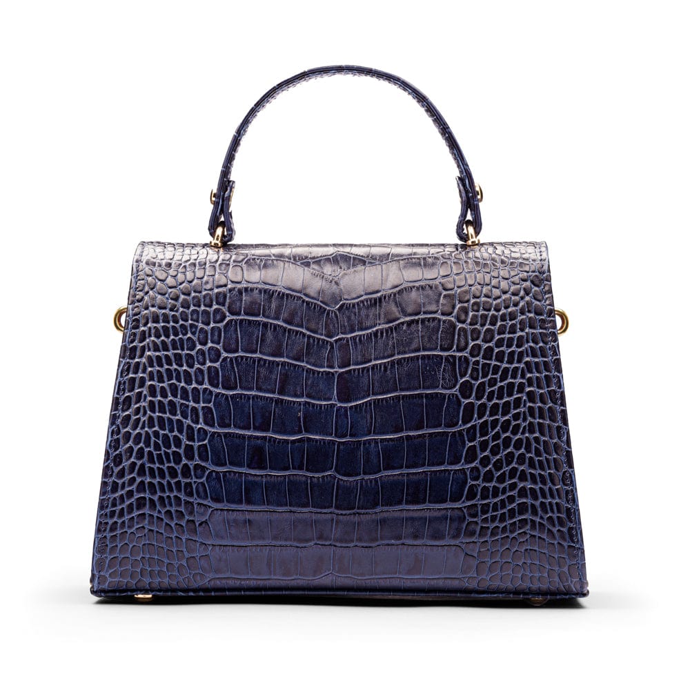 Sabrina top handle bag, navy croc leather, back view