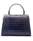 Sabrina top handle bag, navy croc leather, back view