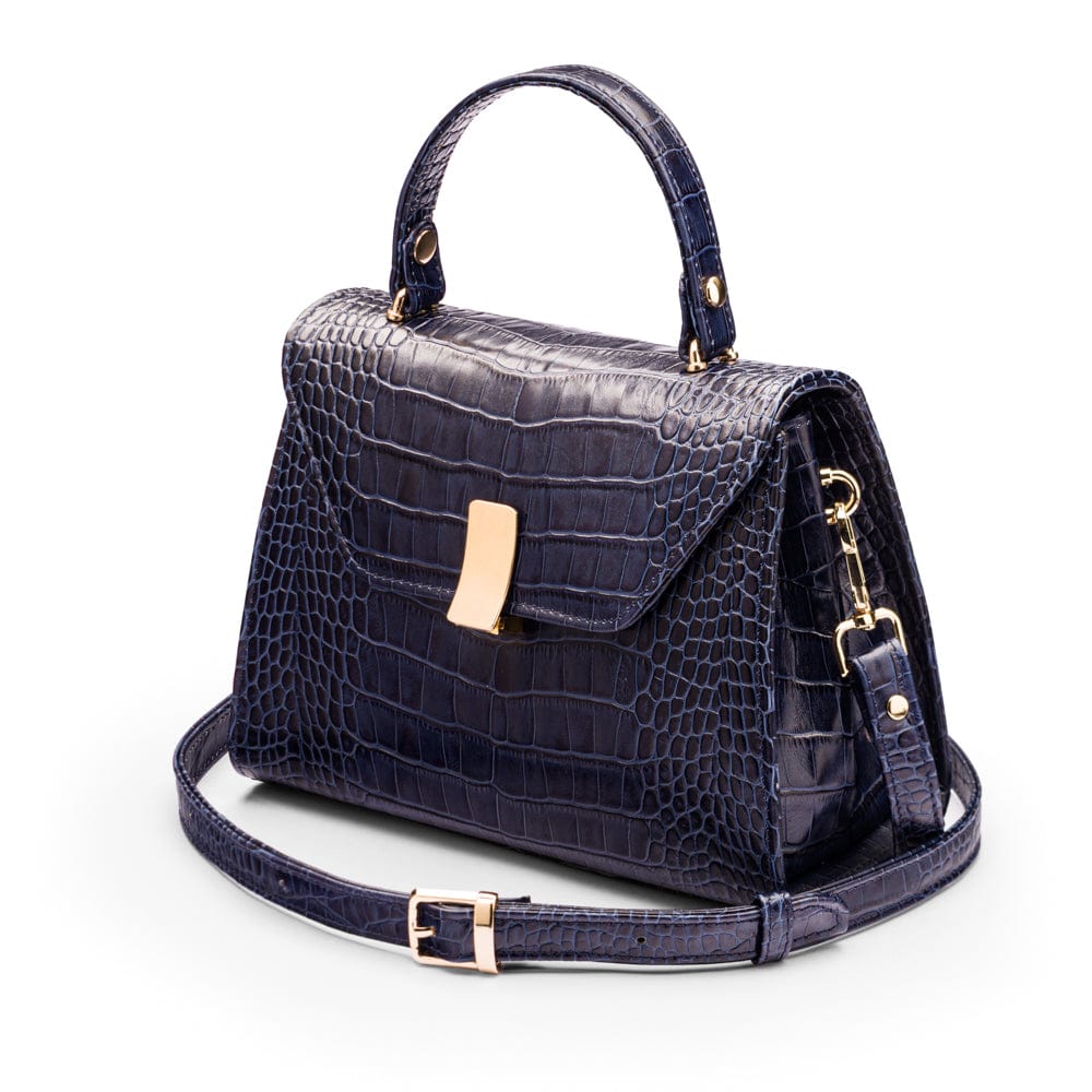 Sabrina top handle bag, navy croc leather, side view