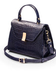 Sabrina top handle bag, navy croc leather, side view