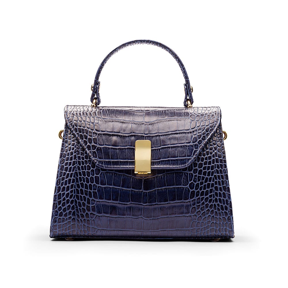 Sabrina top handle bag, navy croc leather, front view