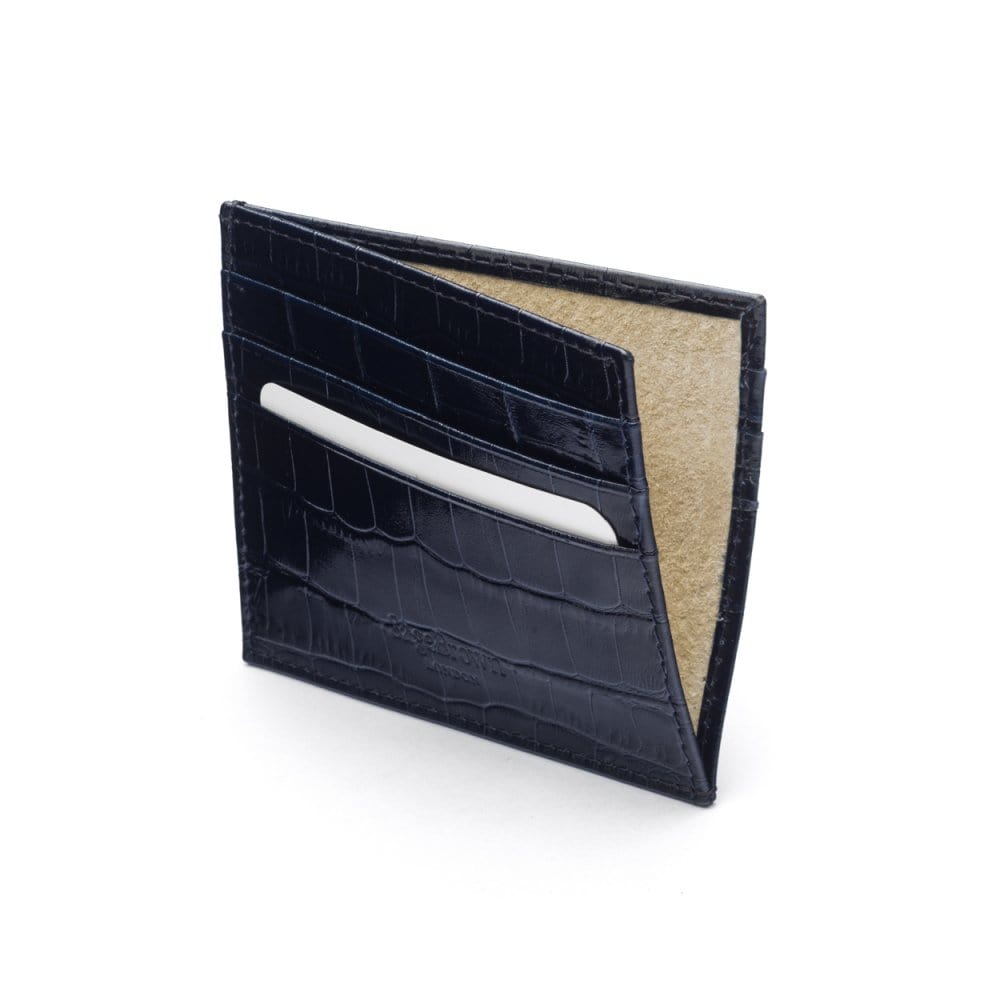 Leather side opening flat card holder, navy croc, inside