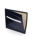 Leather side opening flat card holder, navy croc, inside