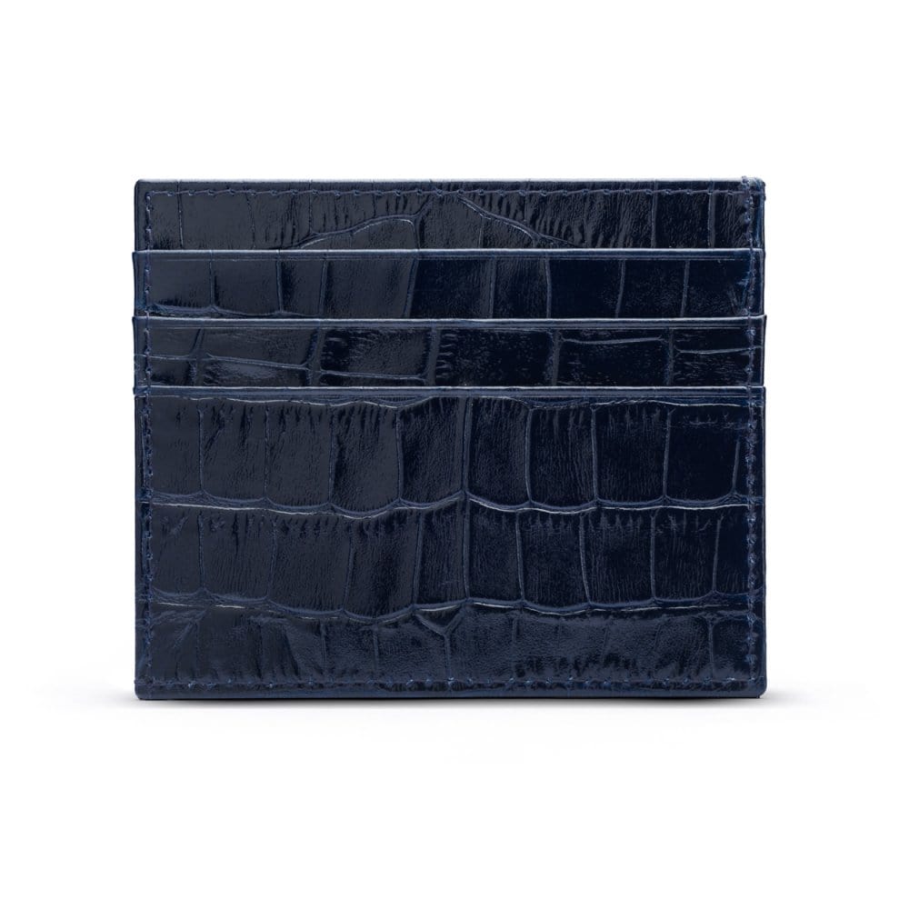 Leather side opening flat card holder, navy croc, front