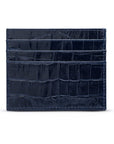 Leather side opening flat card holder, navy croc, front