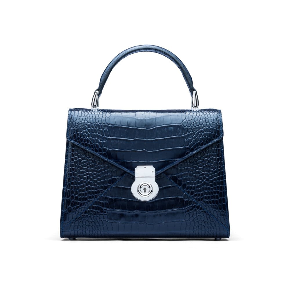 Leather top handle bag, Burnett bag, navy croc, front view