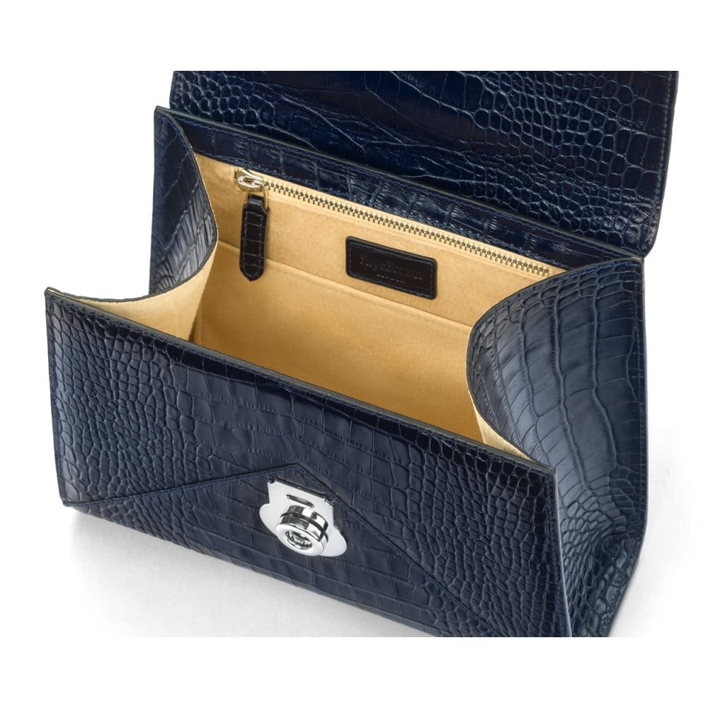 Leather top handle bag, Burnett bag, navy croc, inside view