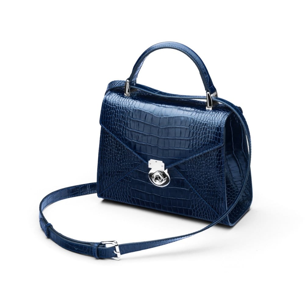 Leather top handle bag, Burnett bag, navy croc, with shoulder strap