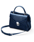 Leather top handle bag, Burnett bag, navy croc, with shoulder strap