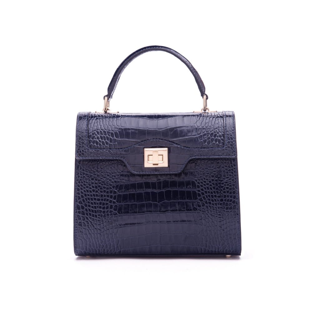 Leather signature Morgan bag, navy croc, front view