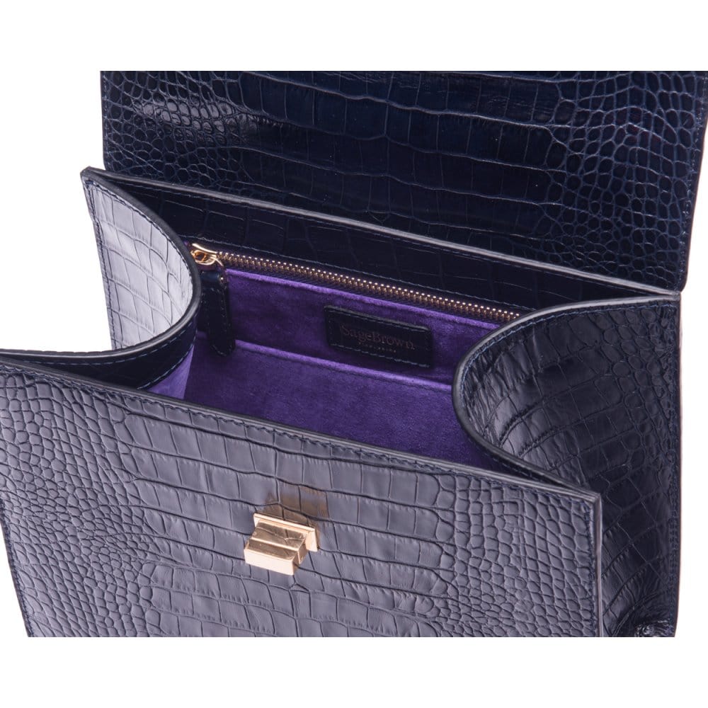 Leather signature Morgan bag, navy croc, inside view