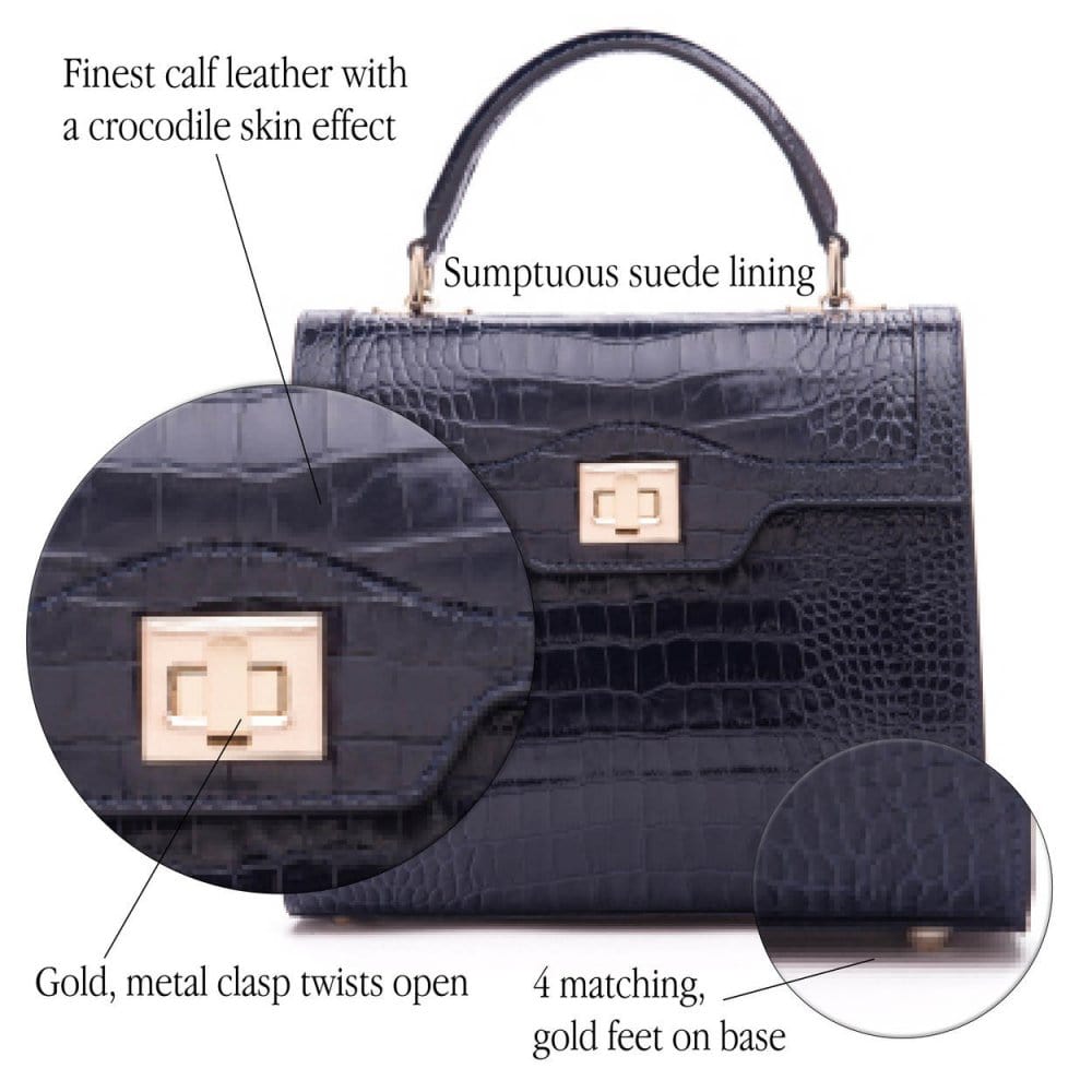 Leather signature Morgan bag, navy croc, features