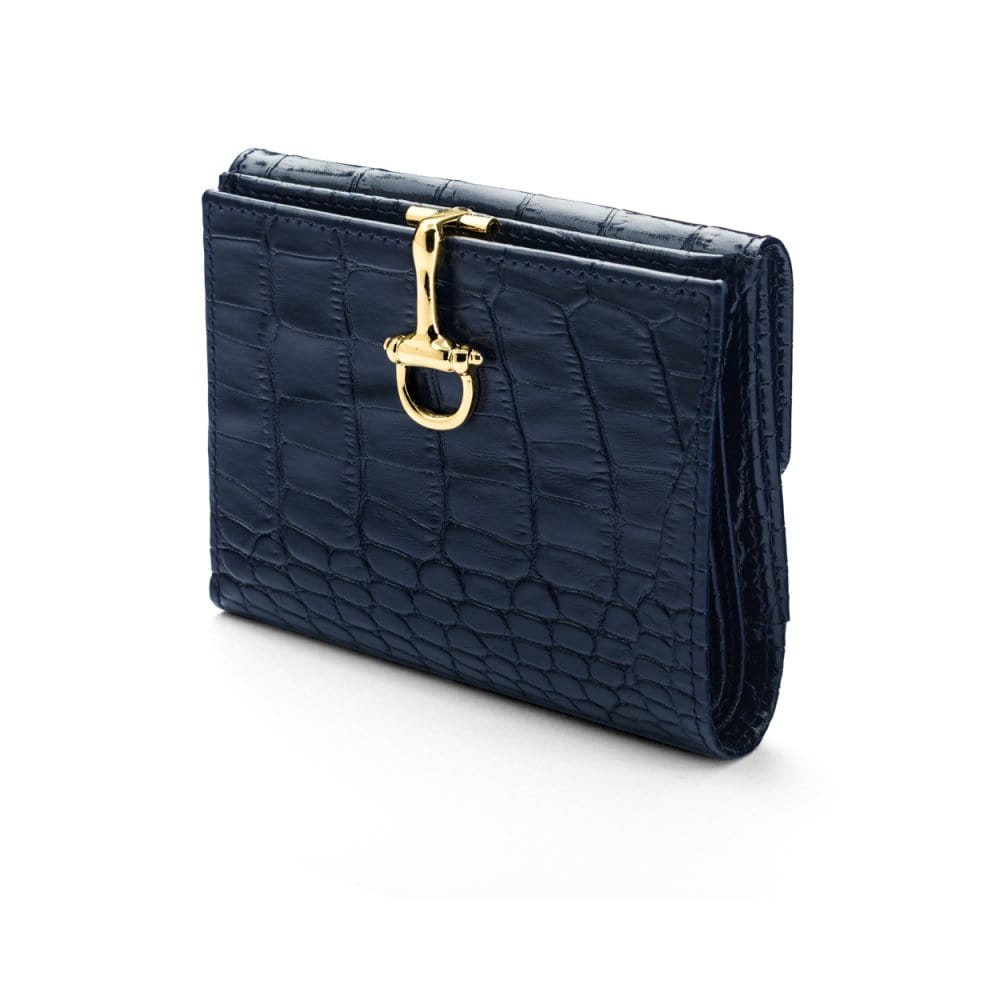Leather purse with brass clasp, navy croc, front view