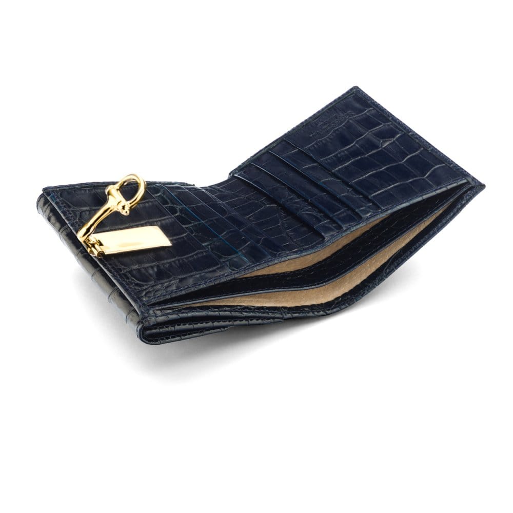 Leather purse with brass clasp, navy croc, inside