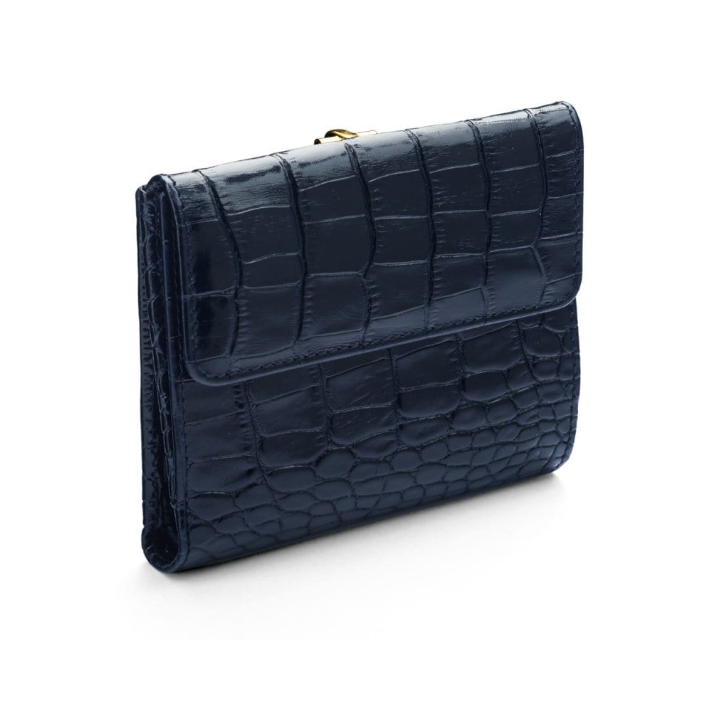Leather purse with brass clasp, navy croc, back