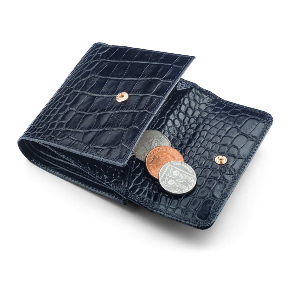 Leather purse with brass clasp, navy croc, open