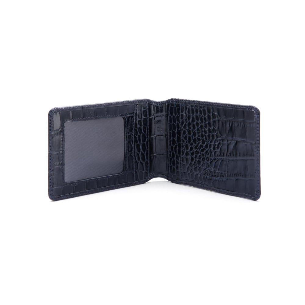 Leather travel card wallet, navy croc, open