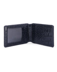 Leather travel card wallet, navy croc, open