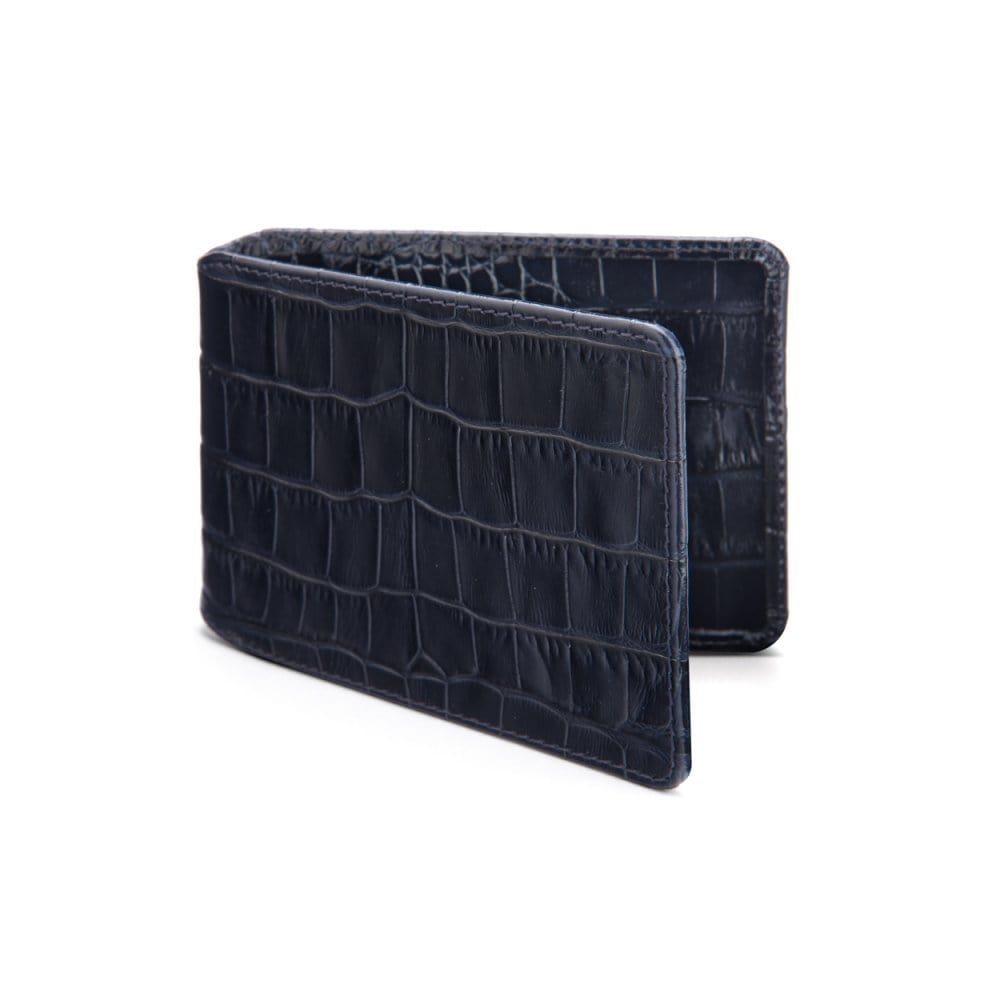 Leather travel card wallet, navy croc, front