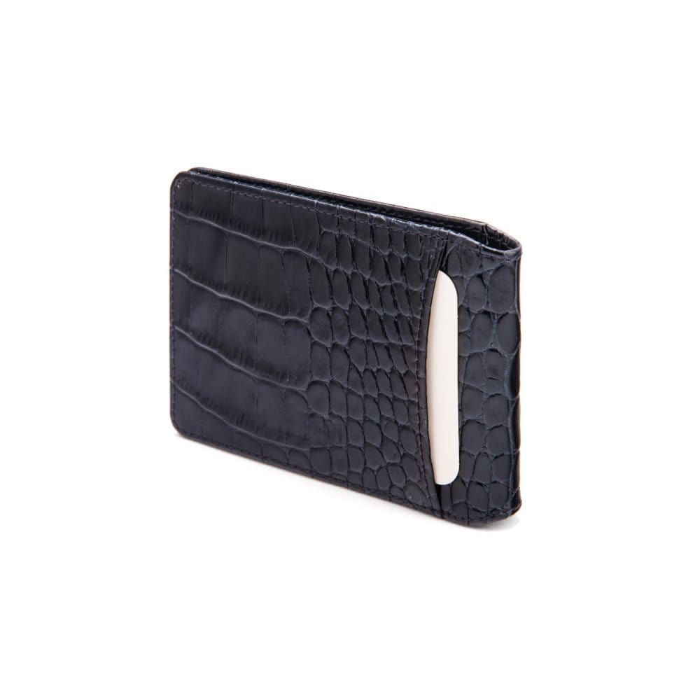 Leather travel card wallet, navy croc, back