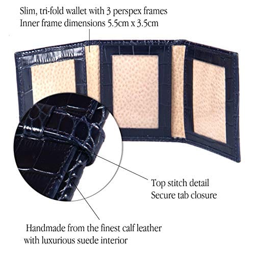Mini leather trifold photo frame, navy croc, 60 x 40mm, features