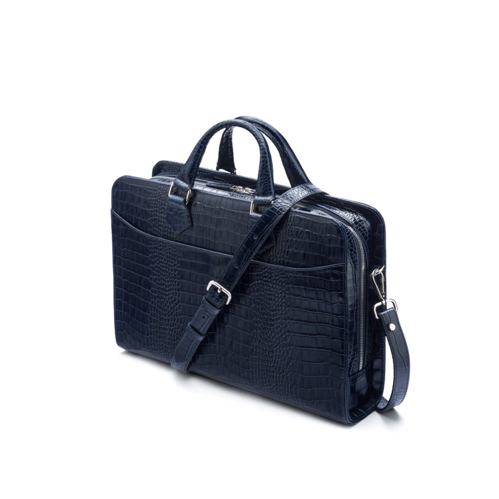 Leather 13" laptop bag, navy croc, side