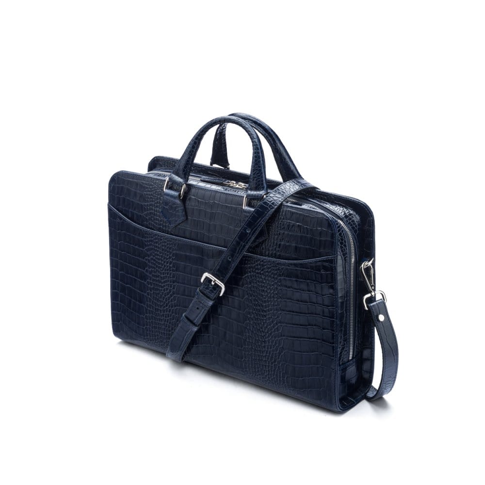 Leather 13&quot; laptop bag, navy croc, side