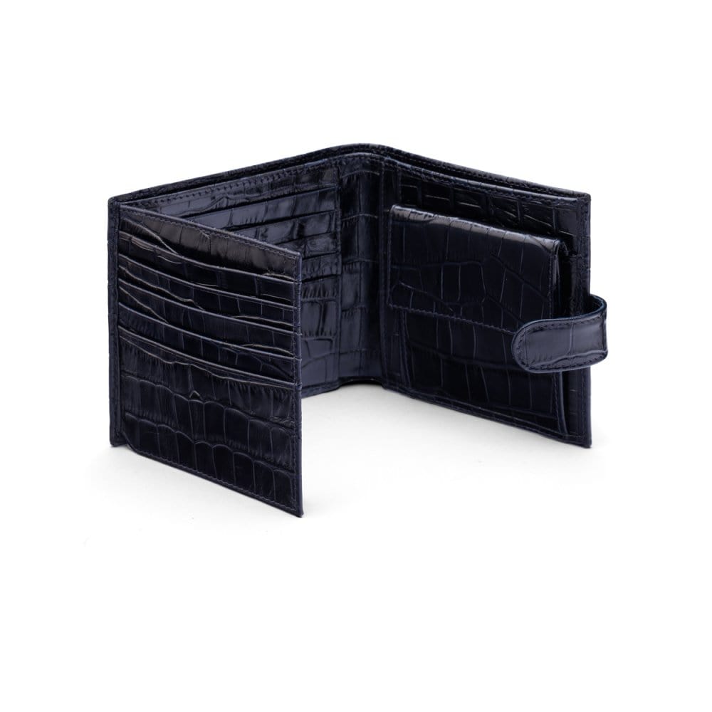 Leather wallet with coin purse, ID and tab closure, navy croc. open