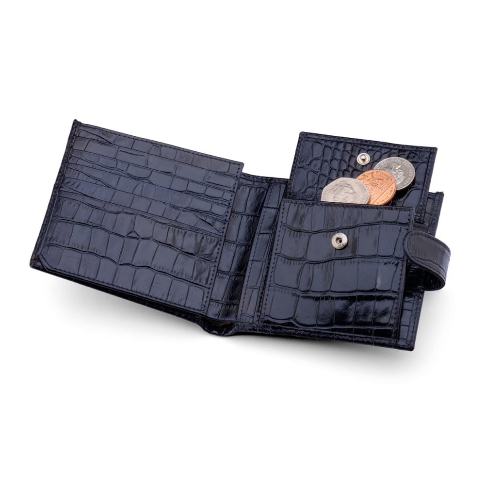 Leather wallet with coin purse, ID and tab closure, navy croc, coin purse open