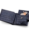 Leather wallet with coin purse, ID and tab closure, navy croc, coin purse open