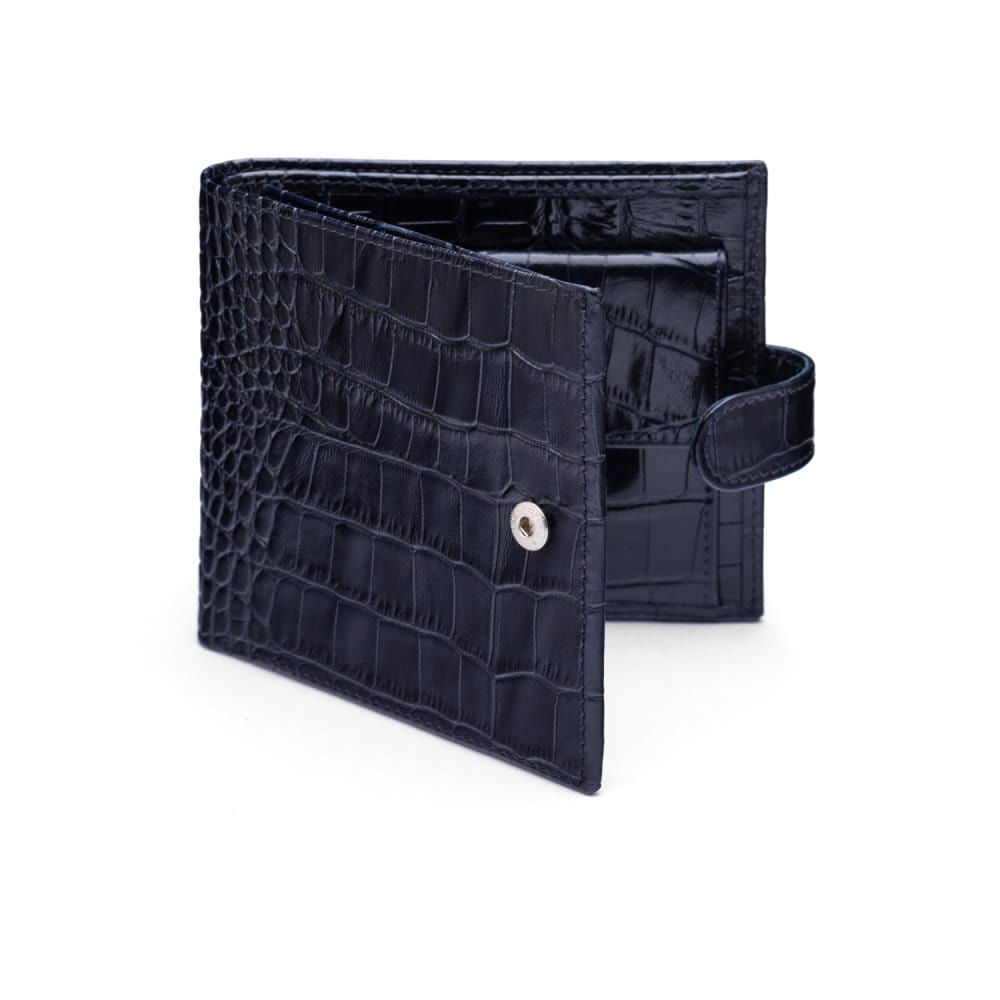 Leather wallet with coin purse, ID and tab closure, navy croc, front
