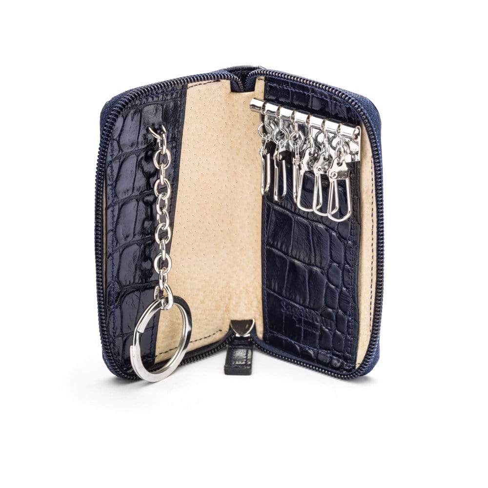 Leather zip around key case, navy croc, open