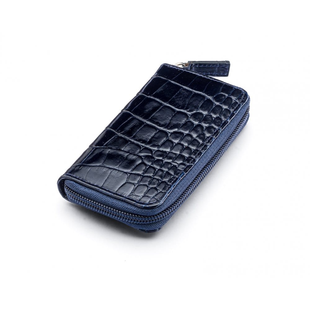 Leather zip around key case, navy croc, front