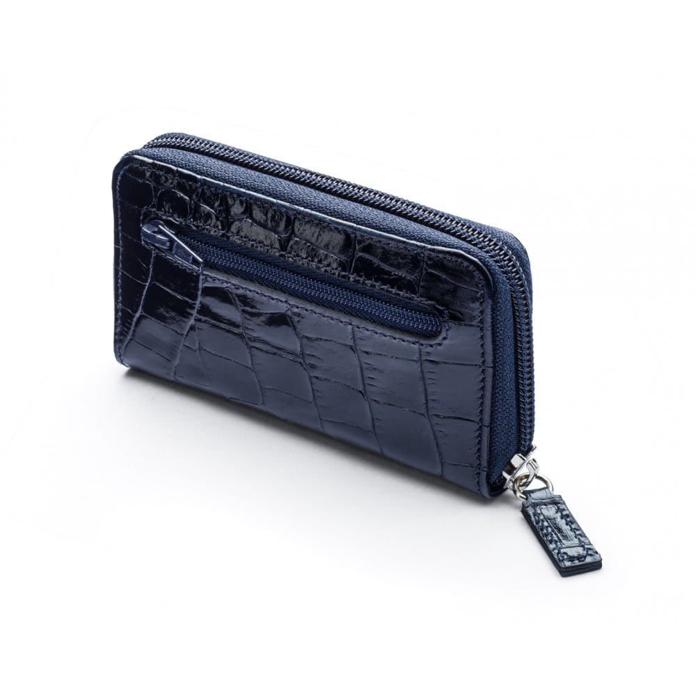 Leather zip around key case, navy croc, back