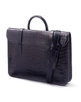 Leather music bag, navy croc, side