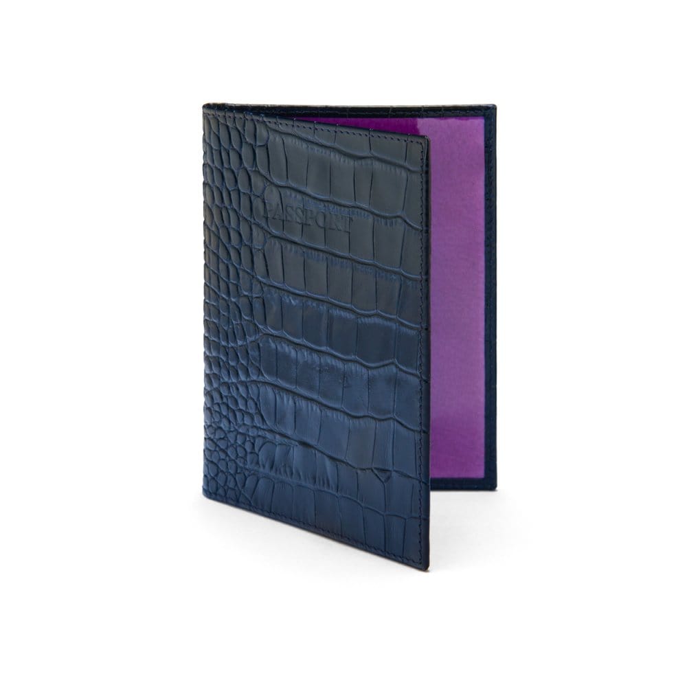 Luxury leather passport cover, navy croc, front