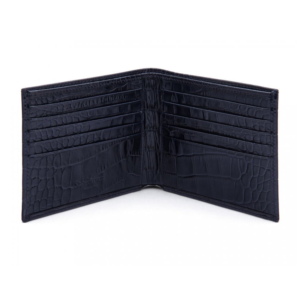 Men's leather billfold wallet, navy croc, open
