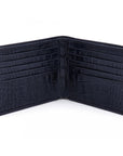 Men's leather billfold wallet, navy croc, open