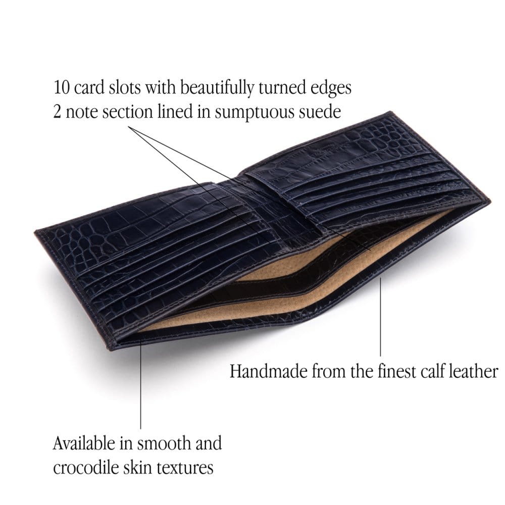 Men's leather billfold wallet, navy croc, features